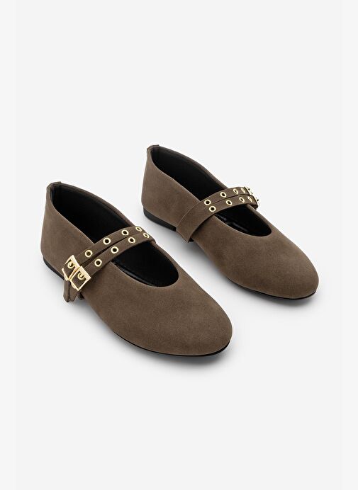 Kadın Çift Bantlı Zımbalı Günlük Babet Bekosa Kahve Süet - Görsel 2