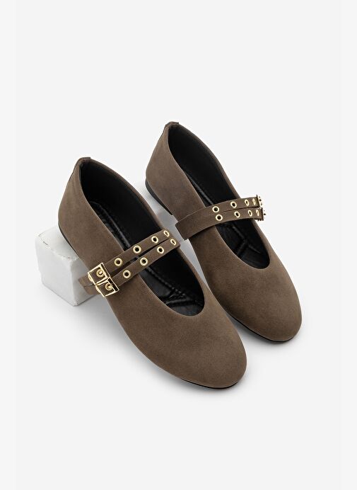 Kadın Çift Bantlı Zımbalı Günlük Babet Bekosa Kahve Süet - Görsel 8