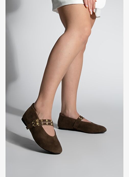 Kadın Çift Bantlı Zımbalı Günlük Babet Bekosa Kahve Süet - Görsel 5