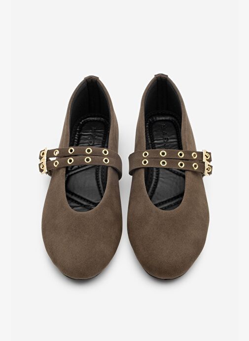 Kadın Çift Bantlı Zımbalı Günlük Babet Bekosa Kahve Süet - Görsel 4