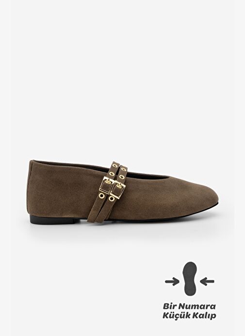 Kadın Çift Bantlı Zımbalı Günlük Babet Bekosa Kahve Süet - Görsel 6