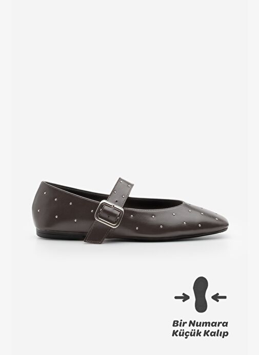 Kadın Küt Burun Tokalı Zımbalı Babet Velona Kahve - Görsel 4