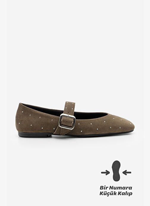 Kadın Küt Burun Tokalı Zımbalı Babet Velona Kahve Süet - Görsel 8