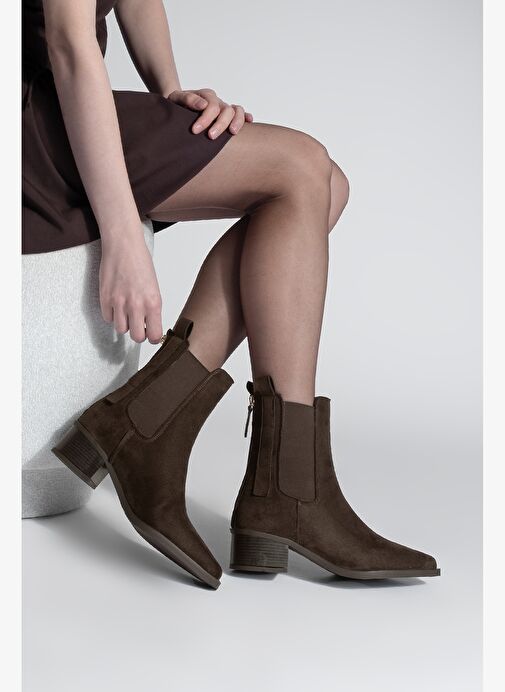 Kadın Sivri Burun Arkadan Fermuarlı Kovboy Çift Lastikli Western Bot Mirona Kahve Süet - Görsel 8