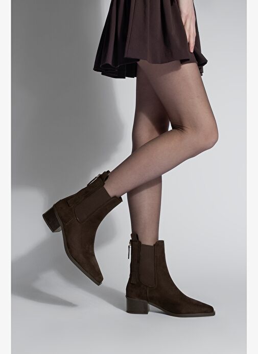 Kadın Sivri Burun Arkadan Fermuarlı Kovboy Çift Lastikli Western Bot Mirona Kahve Süet - Görsel 3