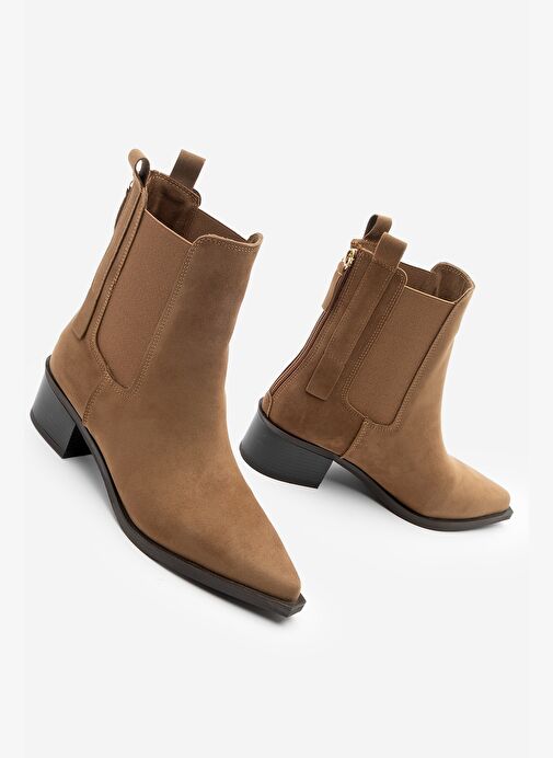 Kadın Sivri Burun Arkadan Fermuarlı Kovboy Çift Lastikli Western Bot Mirona Taba Süet - Görsel 4