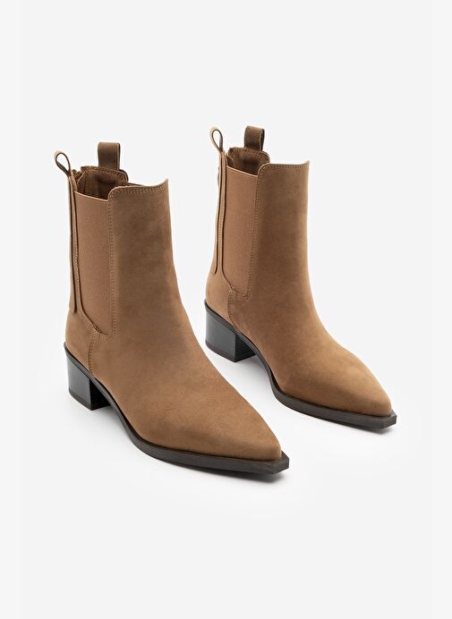 Kadın Sivri Burun Arkadan Fermuarlı Kovboy Çift Lastikli Western Bot Mirona Taba Süet - Görsel 3