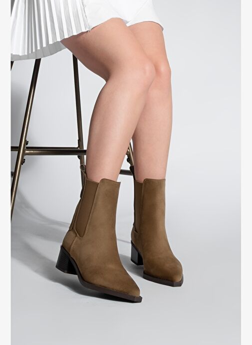 Kadın Sivri Burun Arkadan Fermuarlı Kovboy Çift Lastikli Western Bot Mirona Taba Süet - Görsel 6