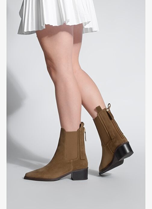 Kadın Sivri Burun Arkadan Fermuarlı Kovboy Çift Lastikli Western Bot Mirona Taba Süet - Görsel 5