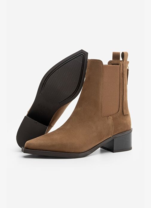 Kadın Sivri Burun Arkadan Fermuarlı Kovboy Çift Lastikli Western Bot Mirona Taba Süet - Görsel 8