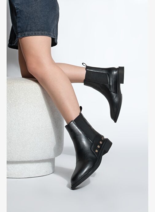 Kadın Altın Zımba Detaylı Çift Lastikli Günlük Bot Pamer Siyah - Görsel 5