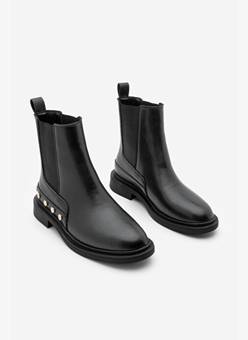 Kadın Altın Zımba Detaylı Çift Lastikli Günlük Bot Pamer Siyah - Görsel 6