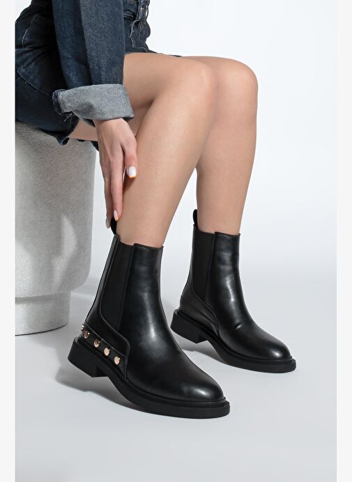 Kadın Altın Zımba Detaylı Çift Lastikli Günlük Bot Pamer Siyah - Görsel 3