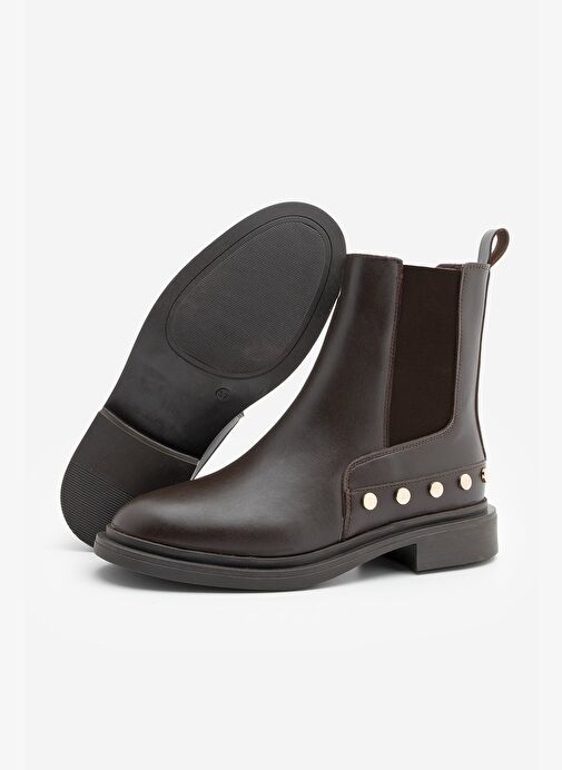 Kadın Altın Zımba Detaylı Çift Lastikli Günlük Bot Pamer Kahve - Görsel 6