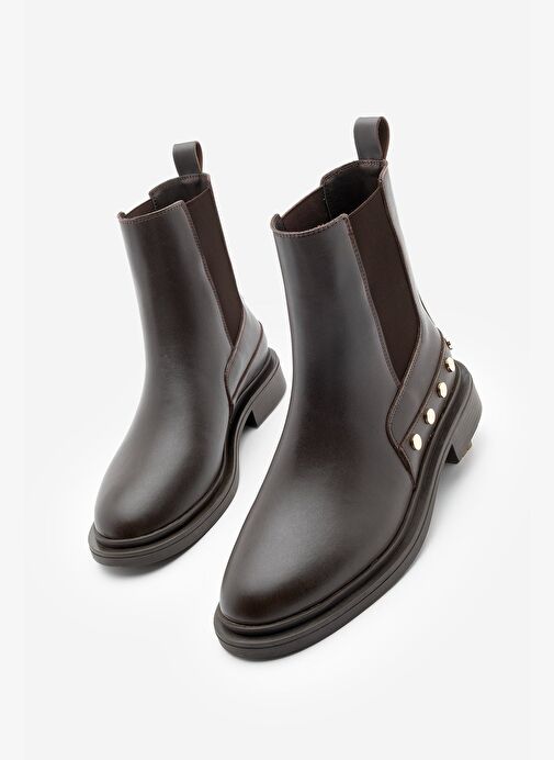 Kadın Altın Zımba Detaylı Çift Lastikli Günlük Bot Pamer Kahve - Görsel 2