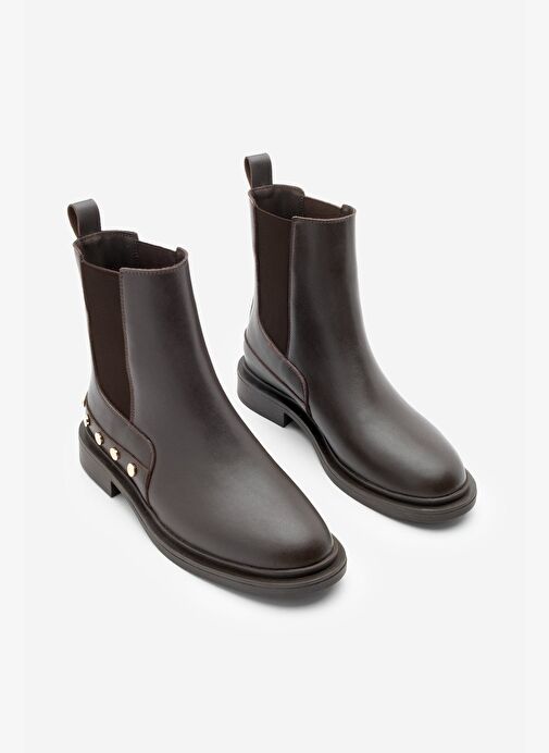 Kadın Altın Zımba Detaylı Çift Lastikli Günlük Bot Pamer Kahve - Görsel 4