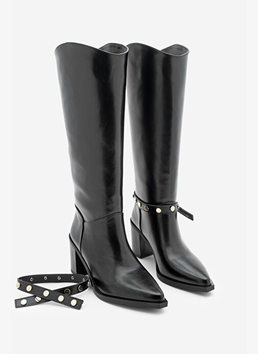 Kadın Sivri Burun Fermuarsız Çıkarılabilen Tokalı Troklu Zımbalı Topuklu Çizme Fuslep Siyah - Görsel 6