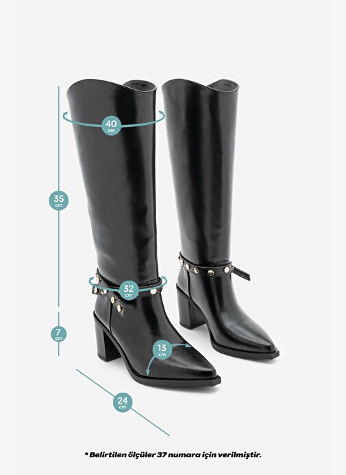 Kadın Sivri Burun Fermuarsız Çıkarılabilen Tokalı Troklu Zımbalı Topuklu Çizme Fuslep Siyah - Görsel 9