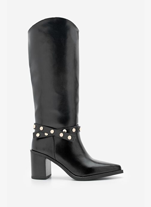 Kadın Sivri Burun Fermuarsız Çıkarılabilen Tokalı Troklu Zımbalı Topuklu Çizme Fuslep Siyah - Görsel 4