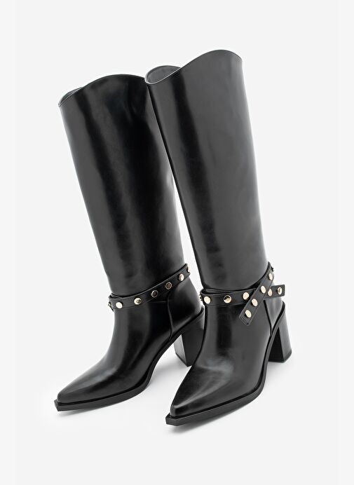 Kadın Sivri Burun Fermuarsız Çıkarılabilen Tokalı Troklu Zımbalı Topuklu Çizme Fuslep Siyah - Görsel 2