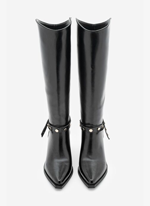 Kadın Sivri Burun Fermuarsız Çıkarılabilen Tokalı Troklu Zımbalı Topuklu Çizme Fuslep Siyah - Görsel 7