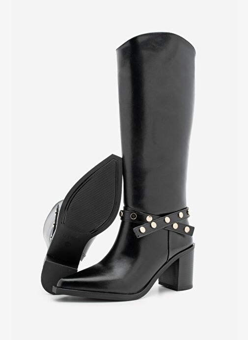 Kadın Sivri Burun Fermuarsız Çıkarılabilen Tokalı Troklu Zımbalı Topuklu Çizme Fuslep Siyah - Görsel 8