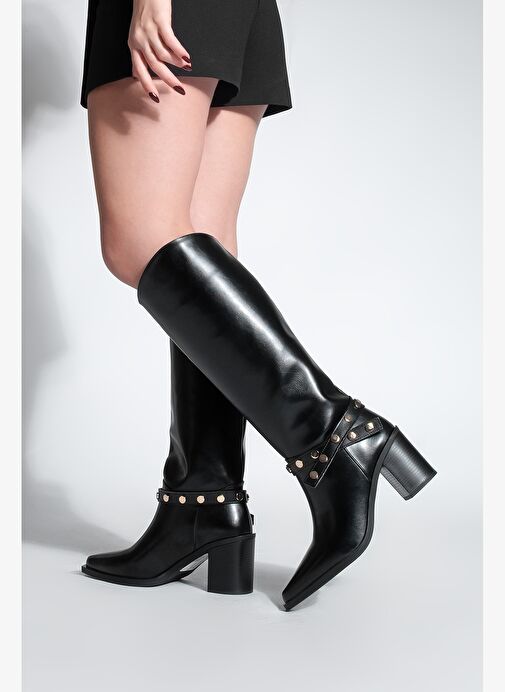 Kadın Sivri Burun Fermuarsız Çıkarılabilen Tokalı Troklu Zımbalı Topuklu Çizme Fuslep Siyah - Görsel 5