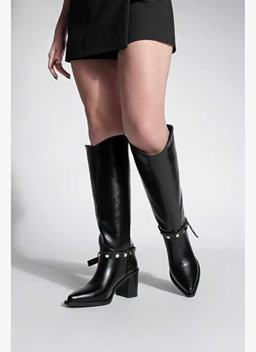 Kadın Sivri Burun Fermuarsız Çıkarılabilen Tokalı Troklu Zımbalı Topuklu Çizme Fuslep Siyah - Görsel 3