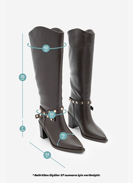 Kadın Sivri Burun Fermuarsız Çıkarılabilen Tokalı Troklu Zımbalı Topuklu Çizme Fuslep Kahve - Görsel 4