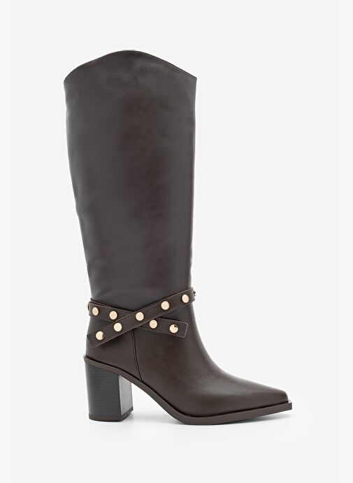 Kadın Sivri Burun Fermuarsız Çıkarılabilen Tokalı Troklu Zımbalı Topuklu Çizme Fuslep Kahve - Görsel 7