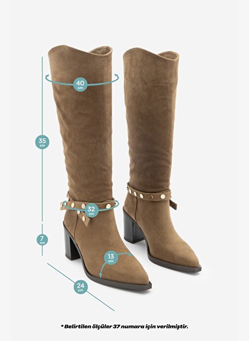 Kadın Sivri Burun Fermuarsız Çıkarılabilen Tokalı Troklu Zımbalı Topuklu Çizme Fuslep Taba Süet - Görsel 9