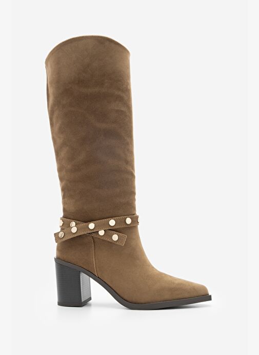 Kadın Sivri Burun Fermuarsız Çıkarılabilen Tokalı Troklu Zımbalı Topuklu Çizme Fuslep Taba Süet - Görsel 4