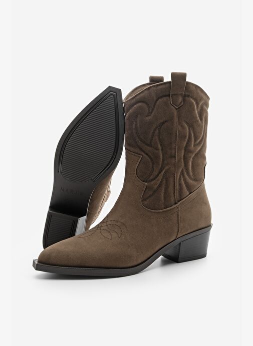 Kadın Sivri Burun Nakışlı Western Bot Nilva Kahve Süet - Görsel 6
