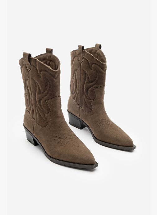 Kadın Sivri Burun Nakışlı Western Bot Nilva Kahve Süet - Görsel 4