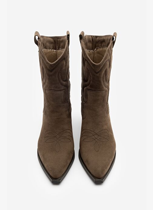 Kadın Sivri Burun Nakışlı Western Bot Nilva Kahve Süet - Görsel 5