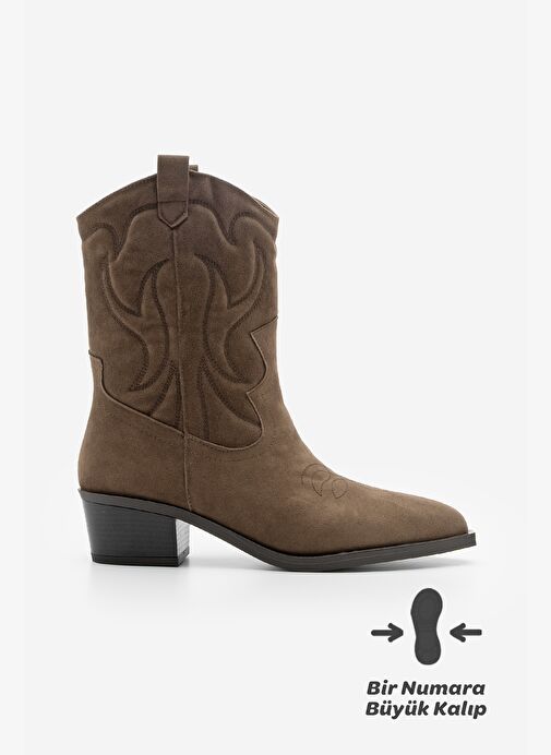 Kadın Sivri Burun Nakışlı Western Bot Nilva Kahve Süet - Görsel 3