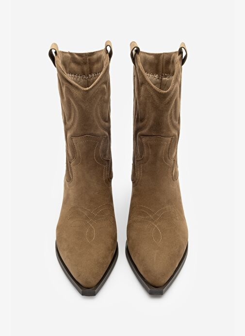 Kadın Sivri Burun Nakışlı Western Bot Nilva Taba Süet - Görsel 7