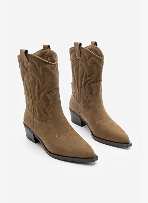 Kadın Sivri Burun Nakışlı Western Bot Nilva Taba Süet - Görsel 6