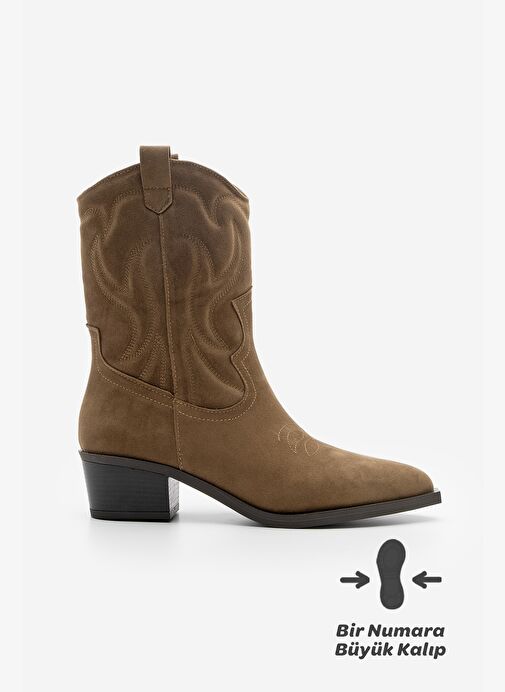 Kadın Sivri Burun Nakışlı Western Bot Nilva Taba Süet - Görsel 4