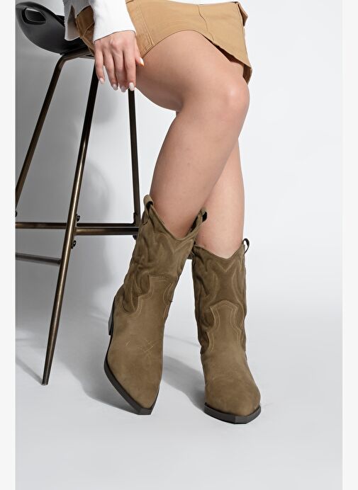 Kadın Sivri Burun Nakışlı Western Bot Nilva Taba Süet - Görsel 3