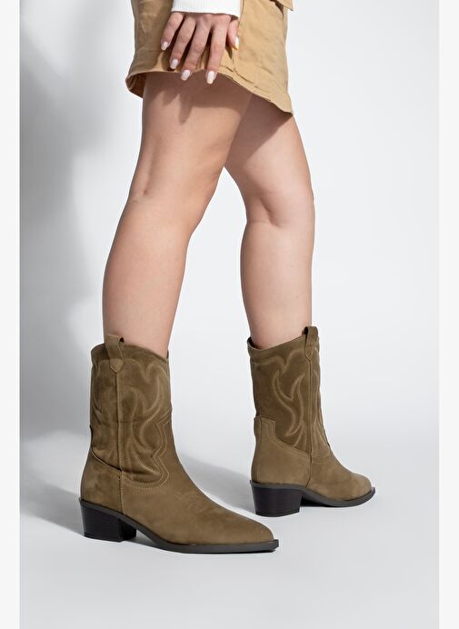 Kadın Sivri Burun Nakışlı Western Bot Nilva Taba Süet - Görsel 5