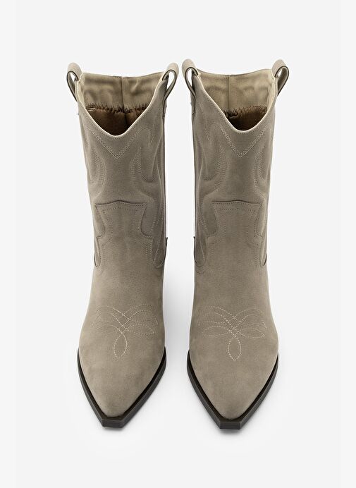 Kadın Sivri Burun Nakışlı Western Bot Nilva Vizon Süet - Görsel 5