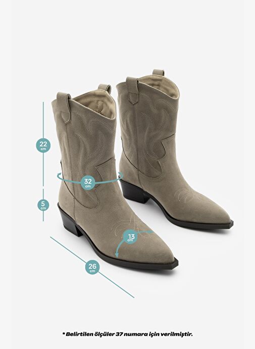 Kadın Sivri Burun Nakışlı Western Bot Nilva Vizon Süet - Görsel 9