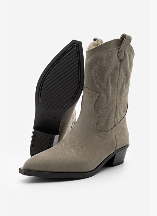 Kadın Sivri Burun Nakışlı Western Bot Nilva Vizon Süet - Görsel 7