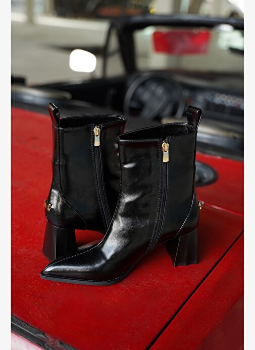 Kadın Sivri Burun Kalın Ökçe Topuklu Bot Esvon Siyah - Görsel 3