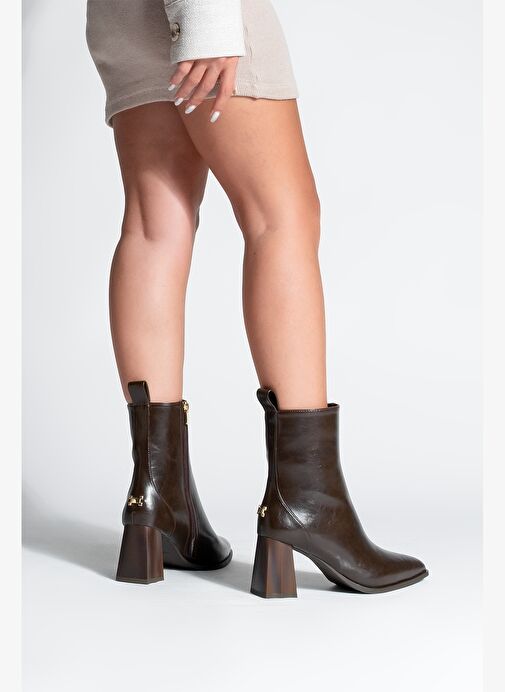 Kadın Sivri Burun Kalın Ökçe Topuklu Bot Esvon Kahve - Görsel 8