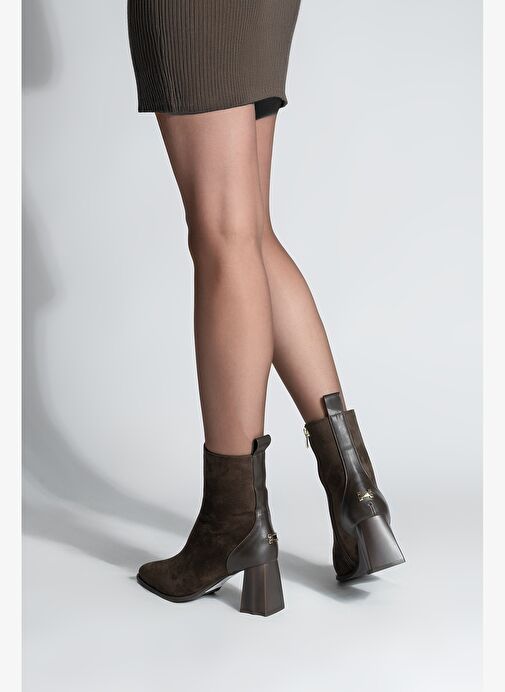 Kadın Sivri Burun Kalın Ökçe Topuklu Bot Esvon Kahve Süet - Görsel 5