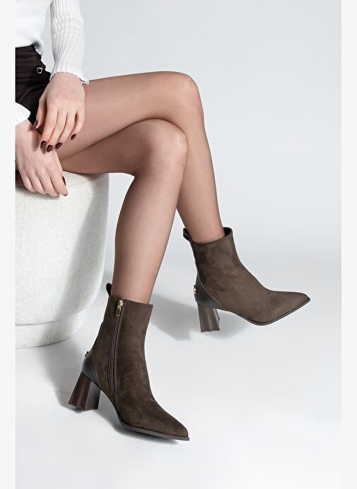 Kadın Sivri Burun Kalın Ökçe Topuklu Bot Esvon Kahve Süet - Görsel 7