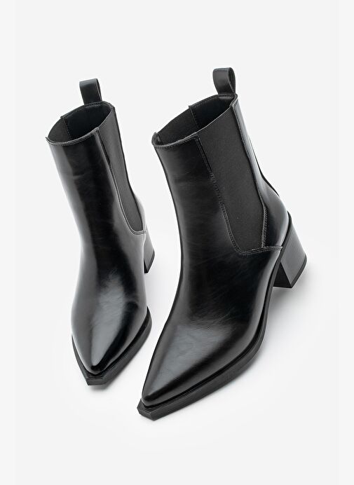 Kadın Sivri Burun Kalın Topuklu Çift Lastikli Topuklu Bot Ropes Siyah - Görsel 2