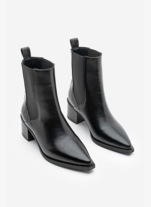 Kadın Sivri Burun Kalın Topuklu Çift Lastikli Topuklu Bot Ropes Siyah - Görsel 6